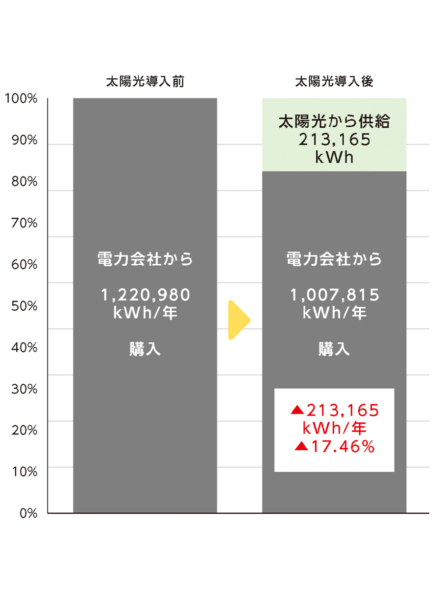 太陽光導入前後の年間電力購入量の比較グラフ。左の縦棒は「太陽光導入前」として、電力会社からの購入量1,220,980kWh/年を100％の灰色バーで表示。右の縦棒は「太陽光導入後」として、下部に電力会社からの購入量1,007,815kWh/年の灰色バー、上部に太陽光からの供給213,165kWh（薄緑色）が重なっている。右下には赤字で「▲213,165kWh/年 ▲17.46％」と記載され、太陽光導入により電力会社からの購入電力量が約17.46％削減されたことを示している。